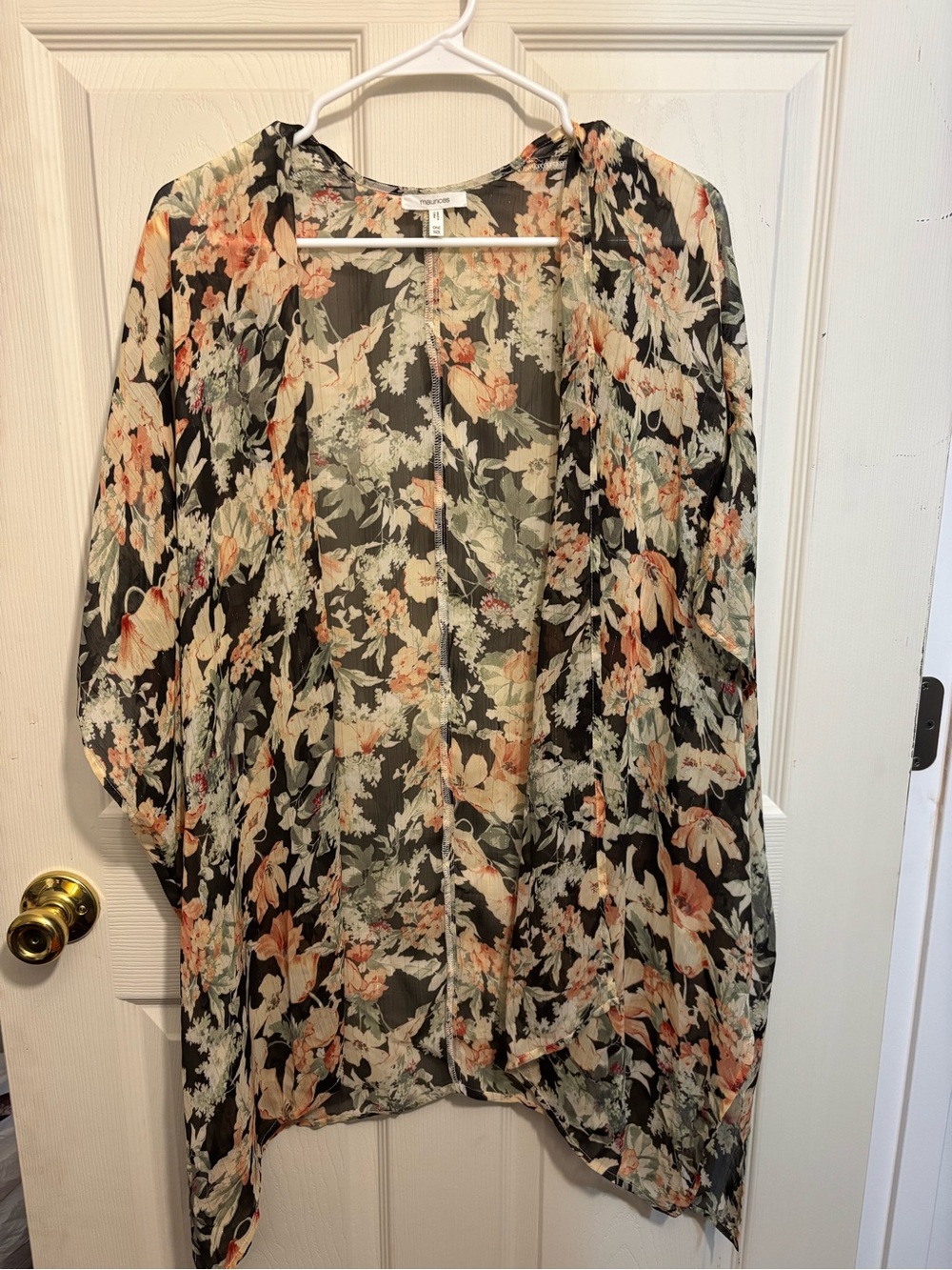 Maurice’s Chiffon Floral Open-Front Kimono Jacket - Black & Peach One Size